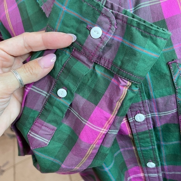 Current Elliott The Ivie Plaid Shirt pink & green Button down size 3 - Picture 16 of 17